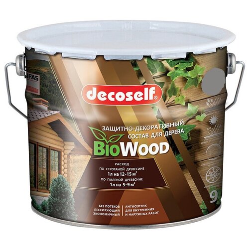 Декоселф декоративная пропитка по дереву белая (9л) / DECOSELF Biowood защитно-декоративный антисептик для дерева белый (9л)