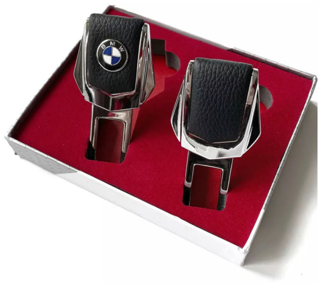 Заглушки ремней безопасности BMW (БМВ) Натуральная кожа хромированный металл в подарочной упаковке 2 