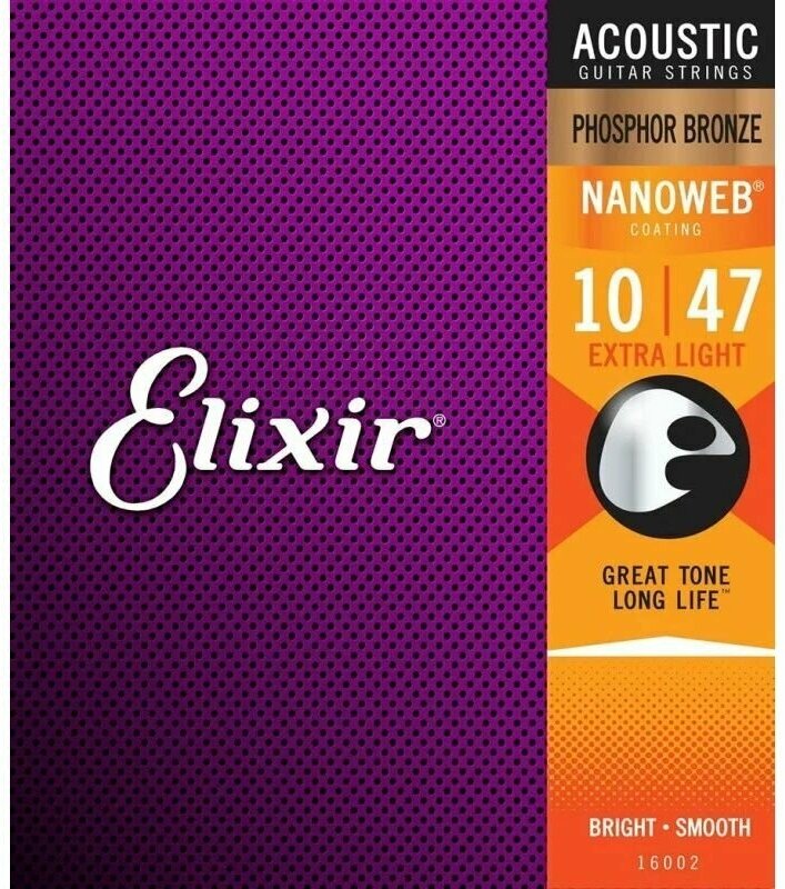 Elixir 16002 NanoWeb струны для акустической гитары Extra Light 10-47, фосфор/бронза