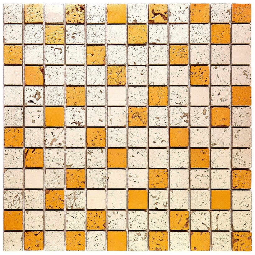 Мозаика Skalini GLY-2 из глянцево-матового (микс) травертина размер 30.5х30.5 см чип 23x23 мм толщ. 10 мм площадь 0.093 м2 на сетке
