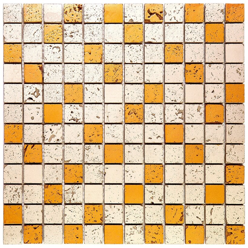 фото Мозаика Skalini GLY-2 из глянцево-матового (микс) травертина размер 30.5х30.5 см чип 23x23 мм толщ. 10 мм площадь 0.093 м2 на сетке