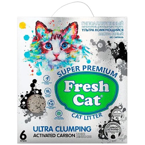 FRESH CAT Activated carbon, комкующийся, экстра белая глина +актив. уголь, без аромата, 5,16кг/6л