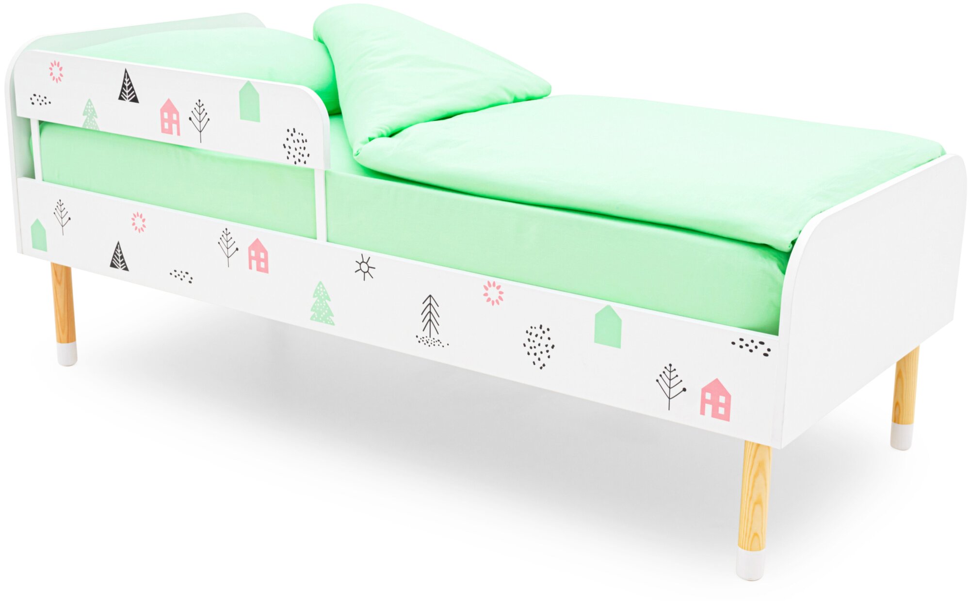 Деревянная кровать Stumpa Классика с бортиком Бельмарко "Домики розовый, бирюзовый"