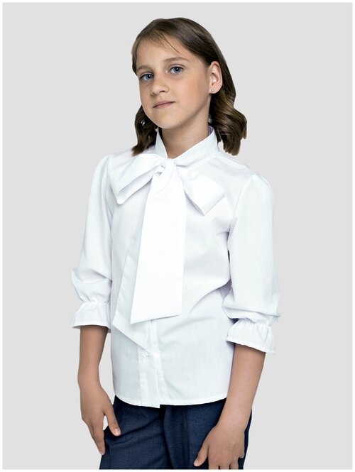 Школьная блуза IRINA EGOROVA, прямой силуэт, на пуговицах, укороченный рукав, размер 128, белый