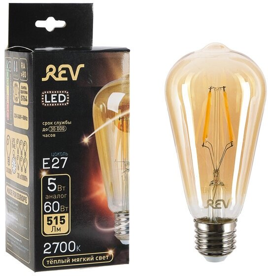 REV Лампа светодиодная REV LED FILAMENT VINTAGE, ST64, E27, 5 Вт, 2700 K, теплый свет