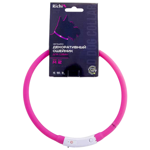 richi size 46 Для ежедневного использования ошейник Richi Led силиконовый M, USB, обхват шеи 50-50 см, розовый, M