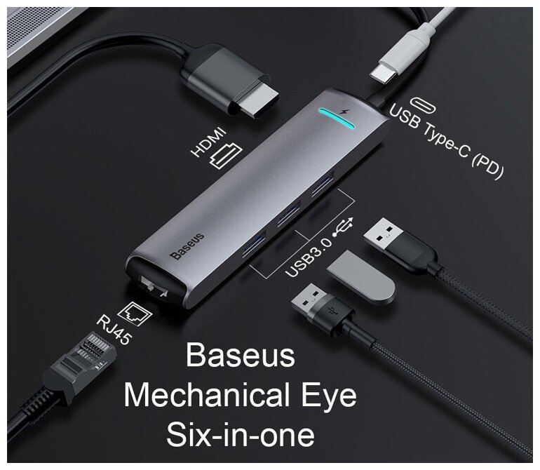 Хаб с индикатором Baseus 6 в 1 Type-C для PD+HDMI+3xUSB3.0+RJ45 - Серый (CAHUB-J0G)