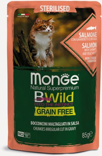 Изображение товара Влажный корм Monge Cat BWILD Grain Free Salmone, для стерилизованных кошек беззерновой, с лососем, 24 шт. х 85 г