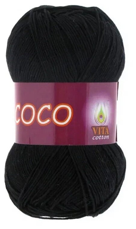 фото Пряжа хлопковая Vita Cotton Coco (Вита Коко) - 1 моток, 3852 черный, 100% мерсеризованный хлопок 240м/50г