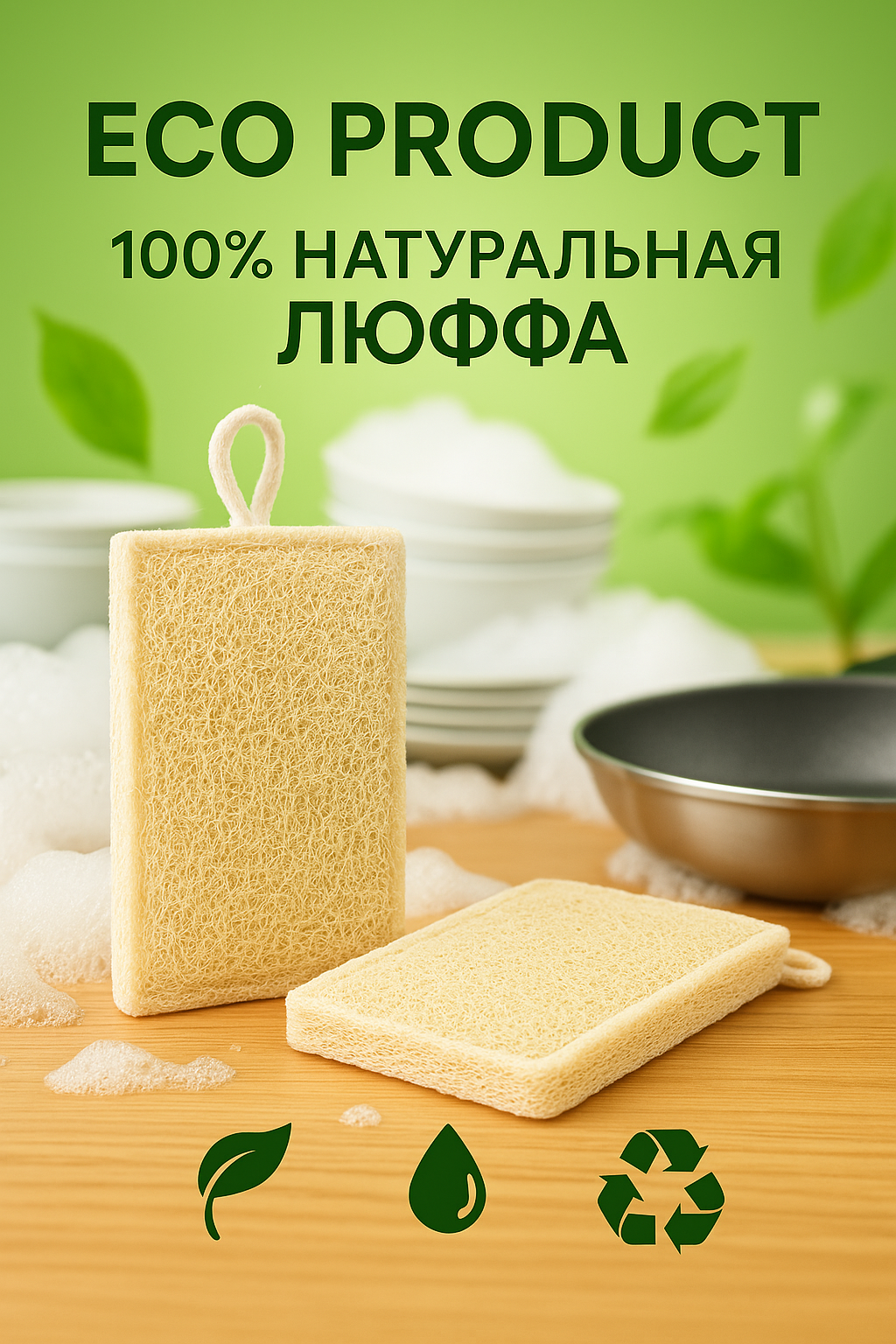 Губка для мытья посуды, натуральная люфа, бежево-коричневый, 11x7 см, в упак. 2 шт.