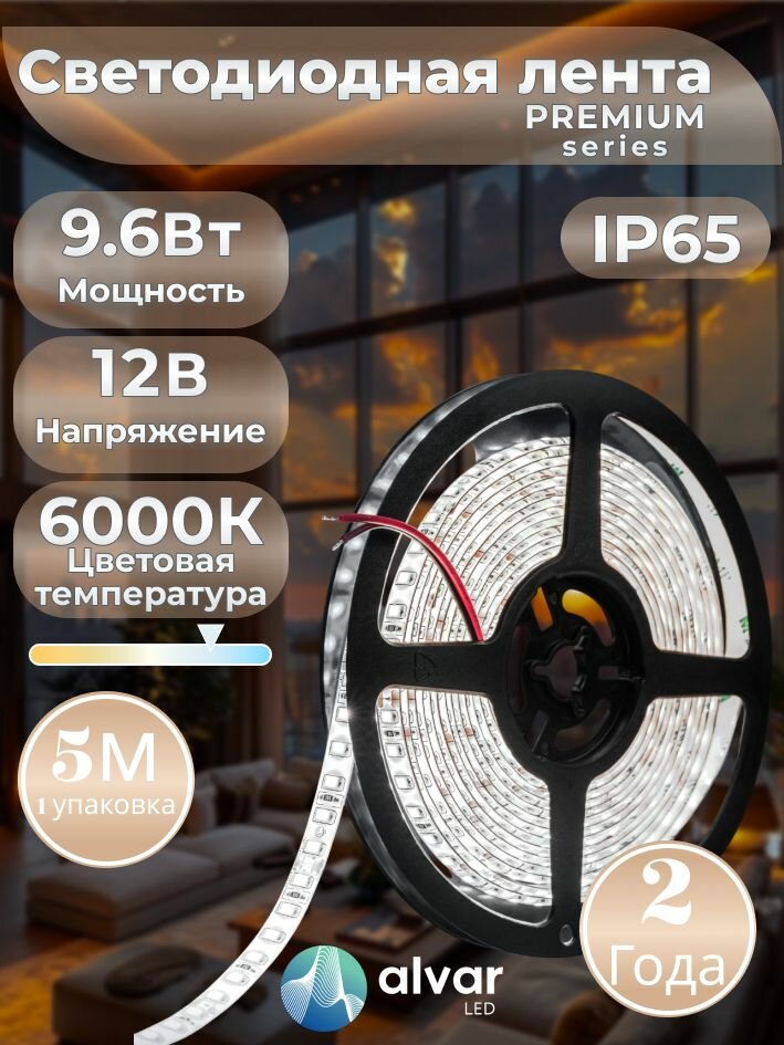 PREMIUM 12В 9.6Вт 6000К холодная IP65 2835 120 LED светодиодная лента (в упаковке 5 метров)