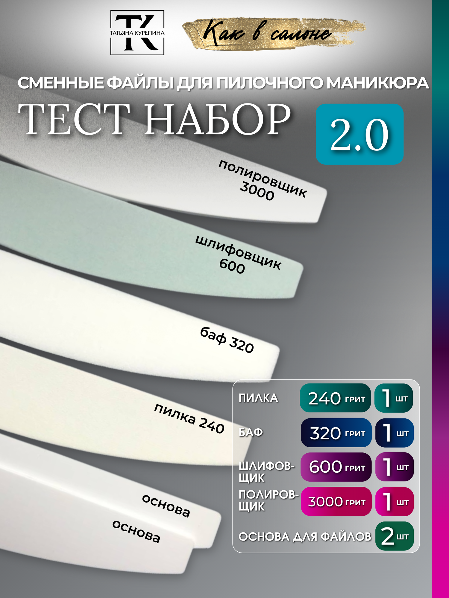 Тест набор 2.0 - сменные файлы для пилочного маникюра, 4 шт 240/320/600/3000 грит с 2 акриловыми основами