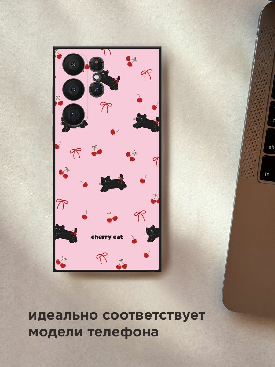 Черный матовый чехол на Samsung Galaxy S23 Ultra 5G / Самсунг Галакси S23 Ультра 5G с принтом "Cherry cat" — фото 1