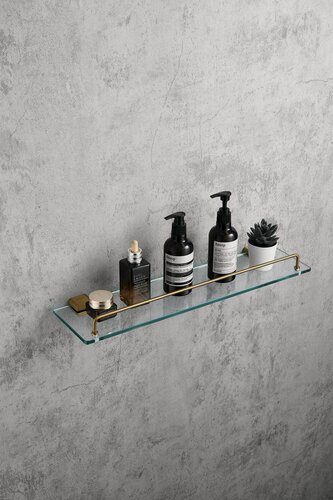 Изображение товара Полка для ванной комнаты стеклянная, металлическая золотая BELZ B90807
