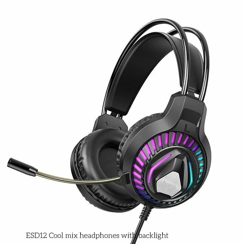 Игровая гарнитура Hoco ESD12 Cool Mix, проводная, 50 мм, LED-подсветка, микрофон, 3.5 мм + USB