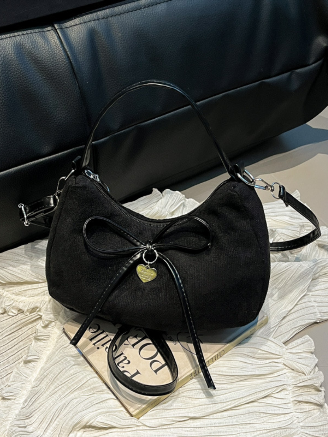 Сумка кросс-боди , фактура бархатистая, черная — фото 1