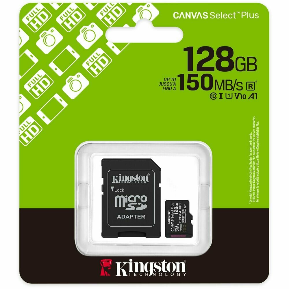 Флеш карта microSD 128GB Kingston microSDXC Class 10 UHS-I U1 A1 V 10 Select Plus (SD адаптер) 150MB/s — фото 1