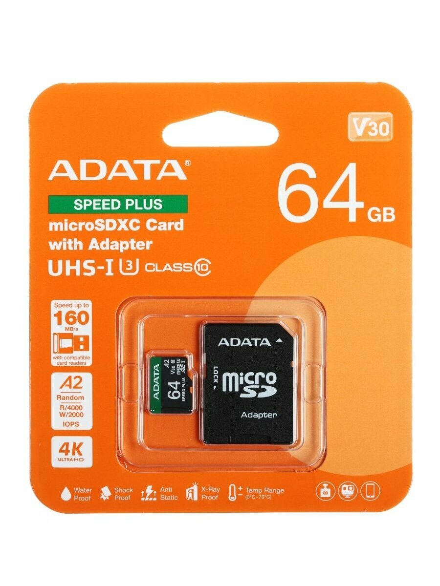 Карта памяти ADATA 64GB UD64GUI3V30A2SP-RA1, MicroSD, Class 10, UHS-I, U3, V30