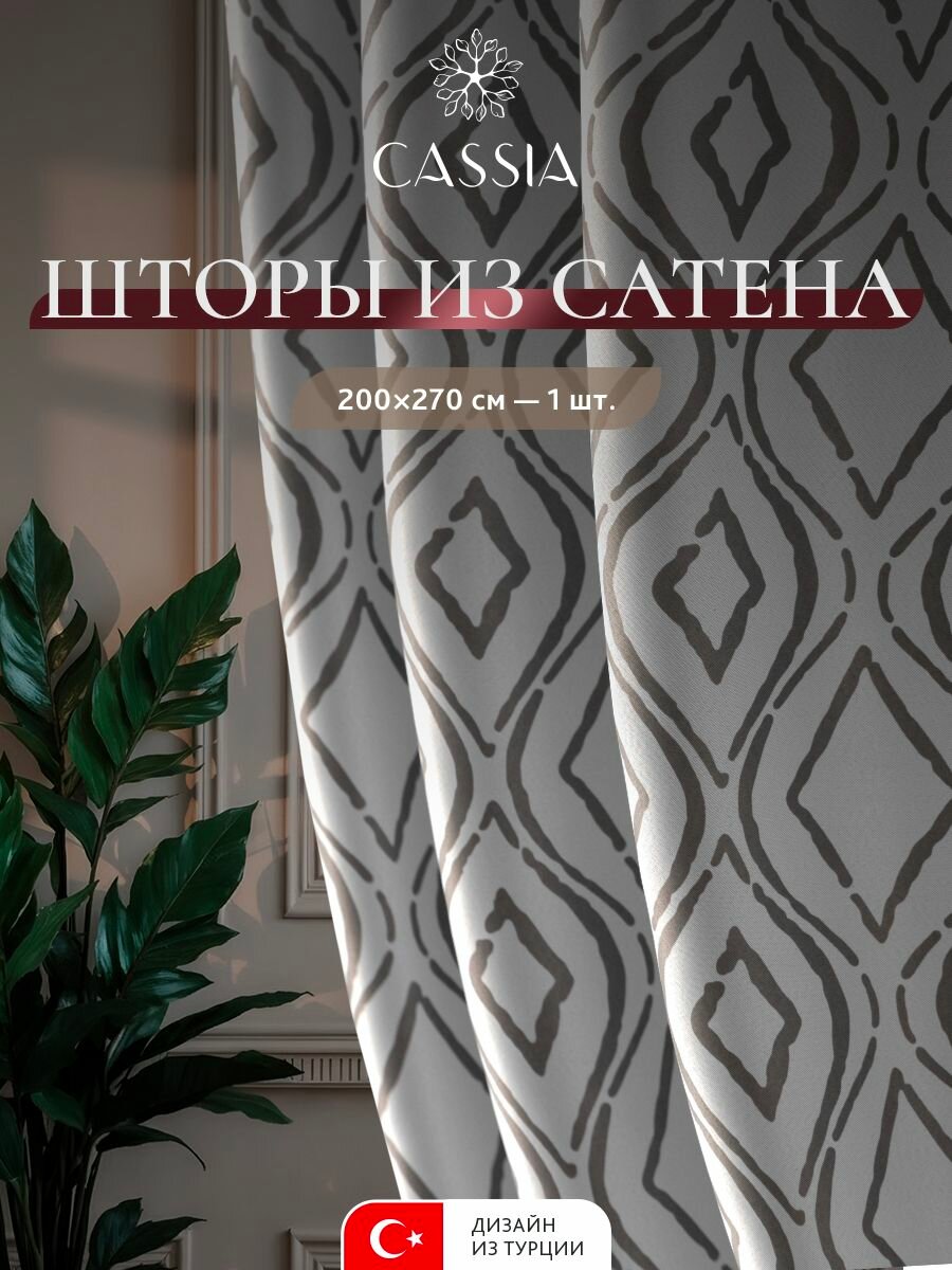 CASSIA Штора для комнаты "Руна" димаут, сатен, 270 высота на 200 ширина, серая