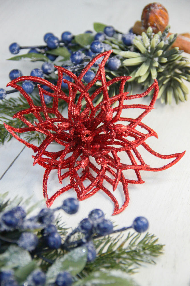 Декоративная пуансеттия мерцающий силуэт на клипсе, красная, 14 см, Kaemingk 629327