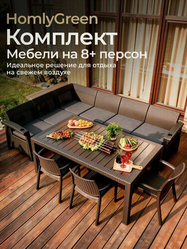 Изображение товара Садовая мебель. Комплект HomlyGreen 5+3стула+обеденный стол 153х79, с комплектом серых подушек