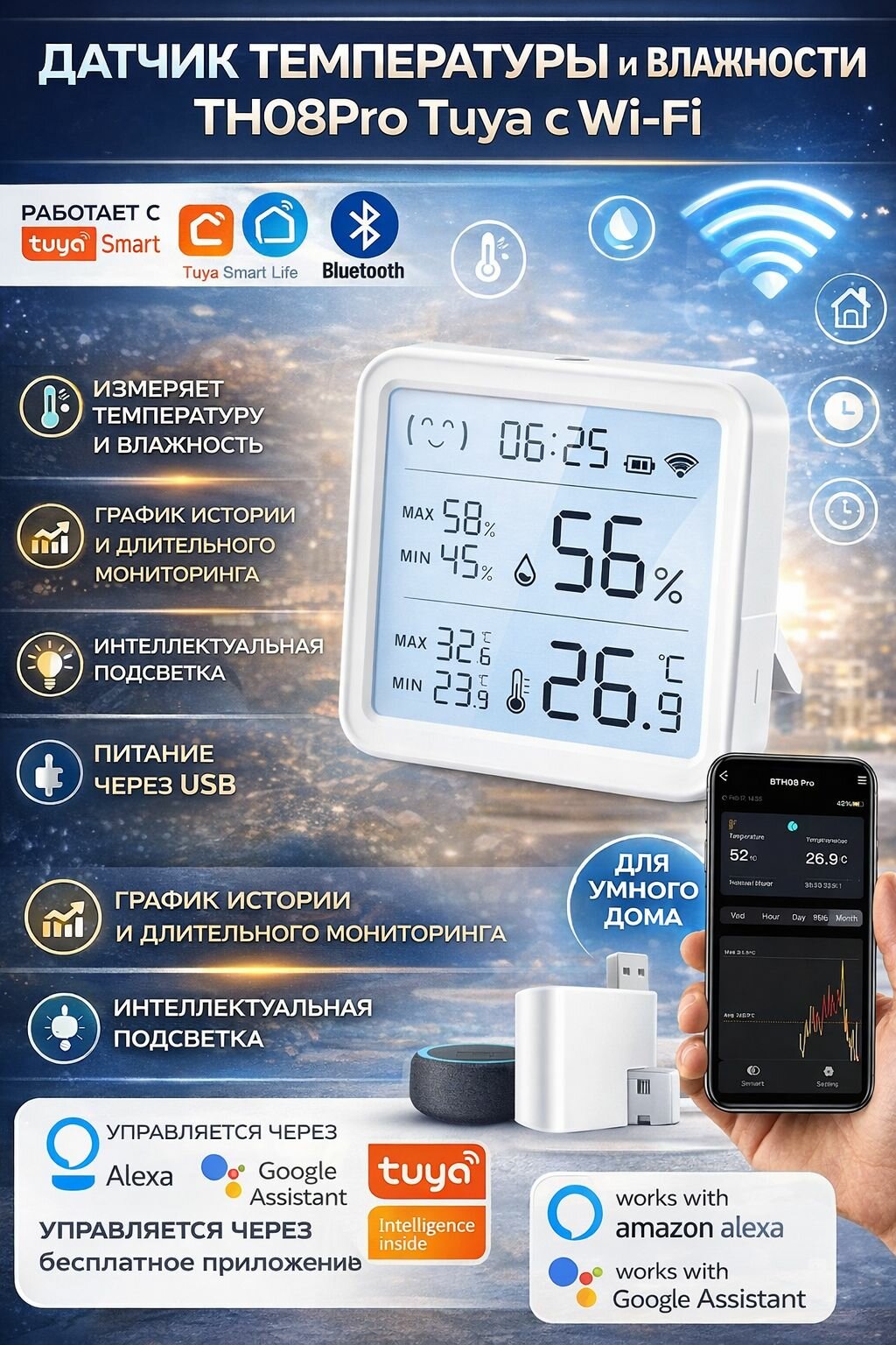 Датчик температуры и влажности TH08Pro Tuya с Wi-Fi с подсветкой (Д)