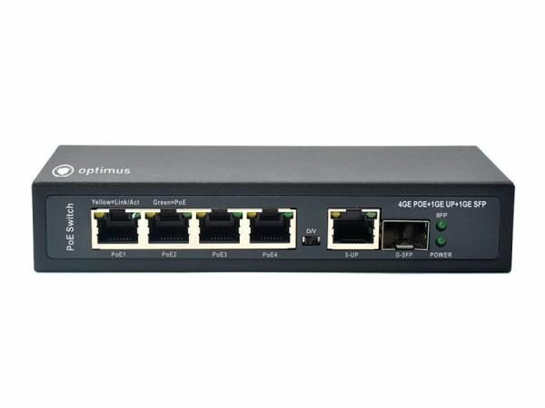 Optimus U1E-4G/1G/1S Сетевой неуправляемый PoE-коммутатор ( 4 порта до 1000 Мбит/с RJ-45, PoE+; 1 порт до 1000 Мбит/с RJ-45, Uplink; 1 порт до 1000 Мбит/с SFP, Uplink), до 100 м.