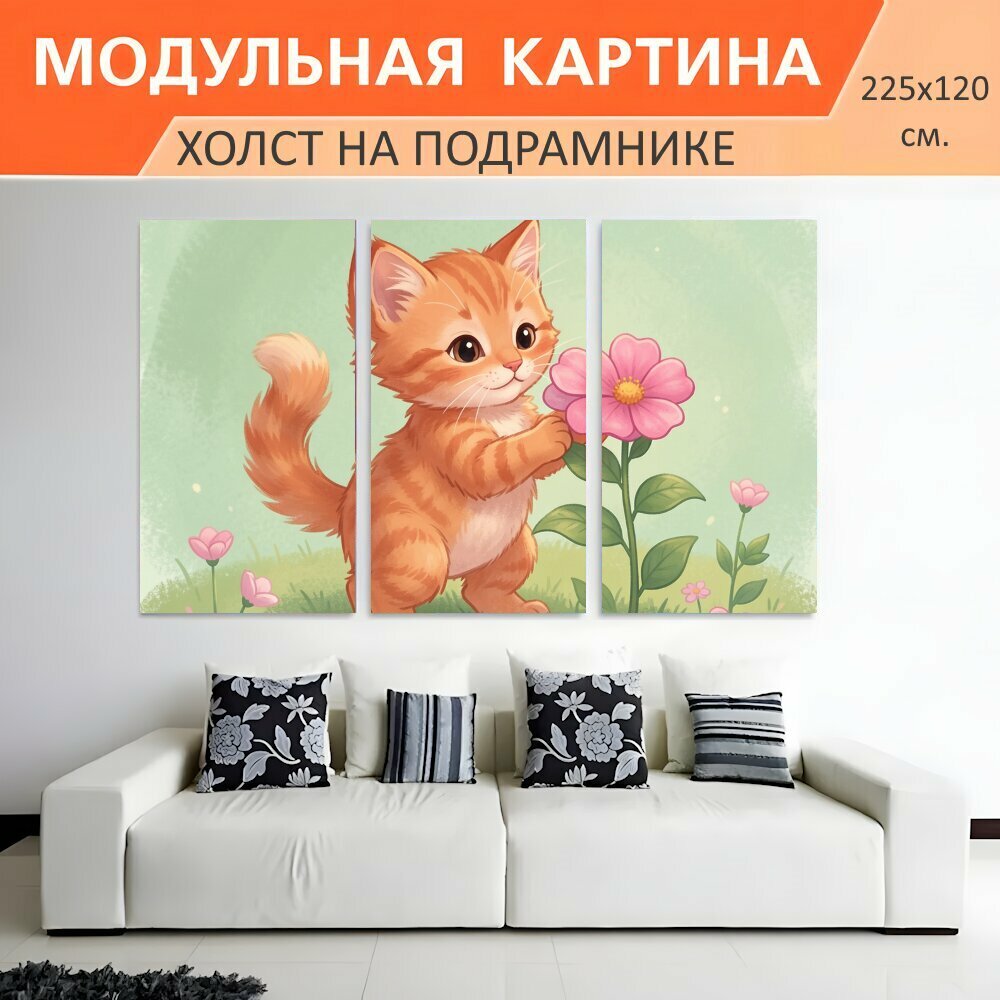 Модульная картина на холсте "Рыжий котёнок с цветком. Милый мультяшный зверёк в нежных пастельных тонах держит розовый бутон среди." триптих на подрамнике 225х120 см. для интерьера