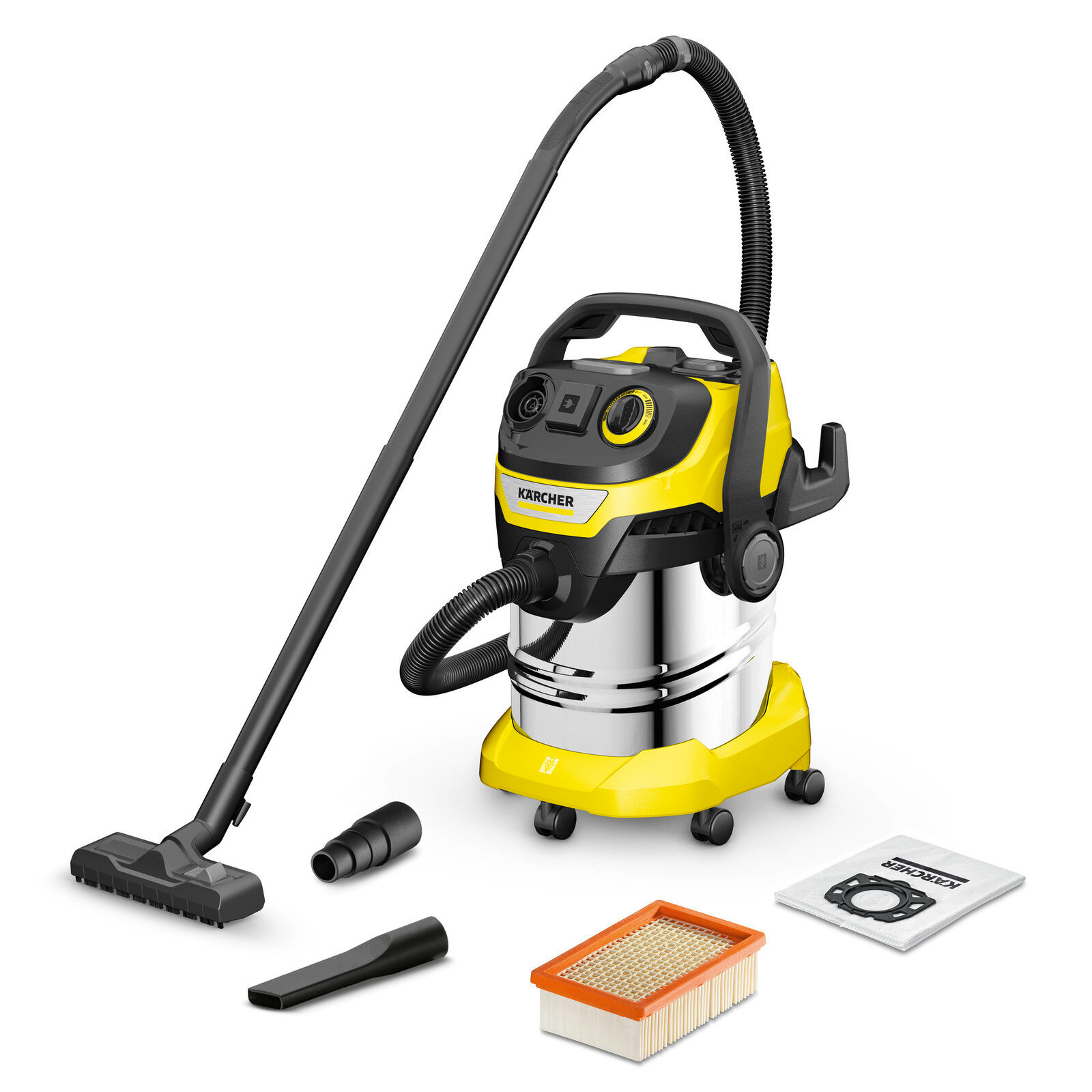Пылесос строительный Karcher WD 5 P S V-25/5/22 желтый, 1100 Вт/280Вт, мусоросборник 25 л, нержавеющая сталь