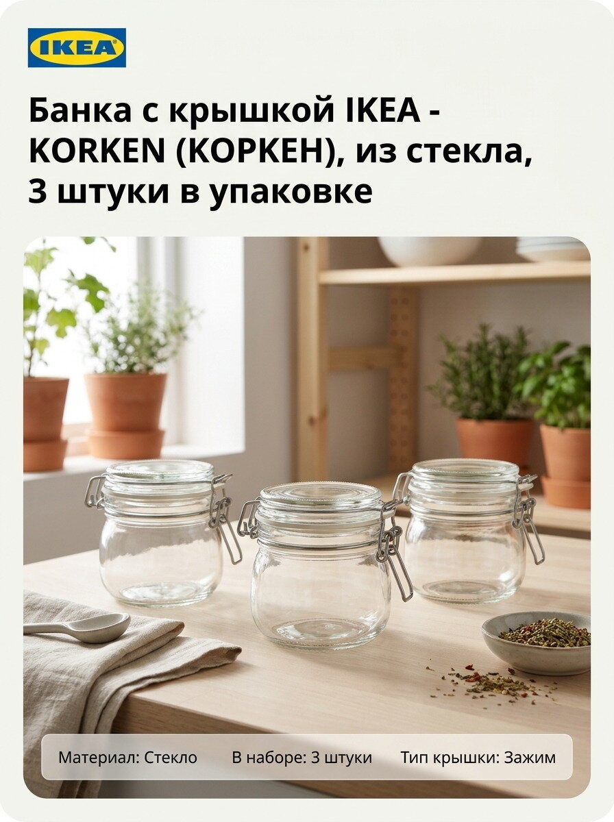 Банка с крышкой IKEA - KORKEN (коркен), из стекла, 3 штуки в упаковке