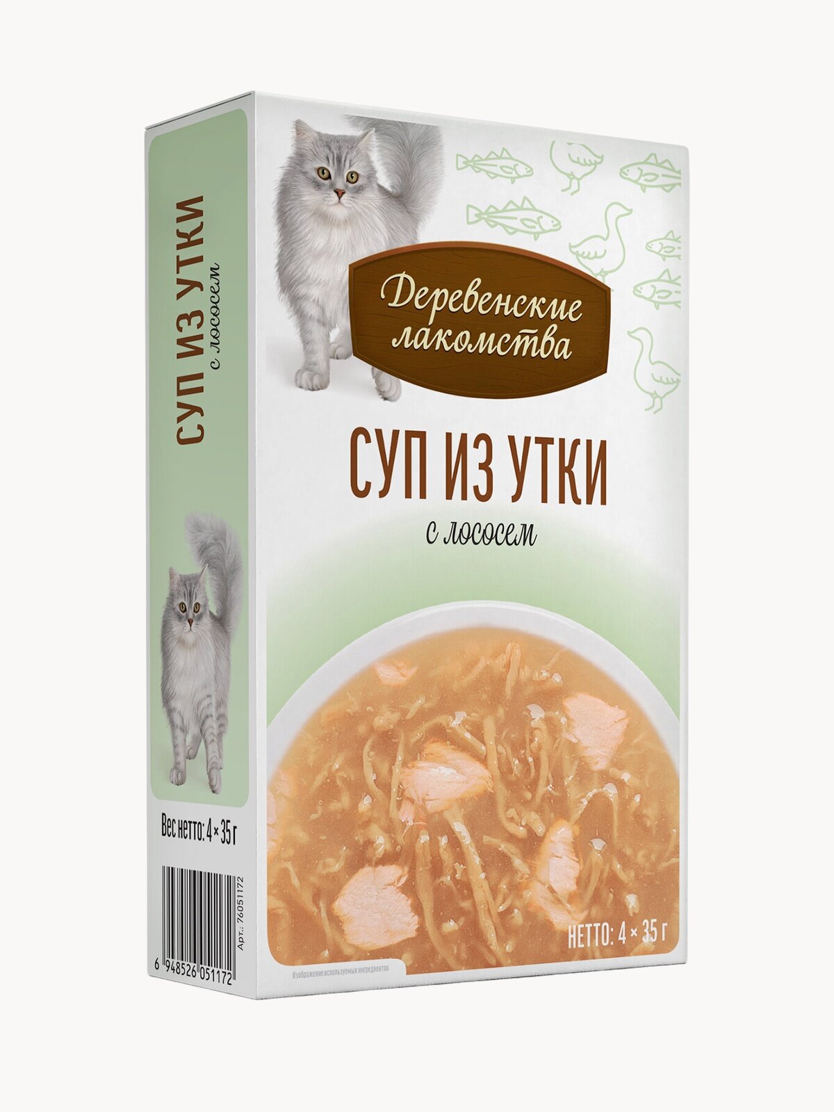 Суп для кошек из утки "Деревенские лакомства" с лососем , паучи, 4шт. х35гр.