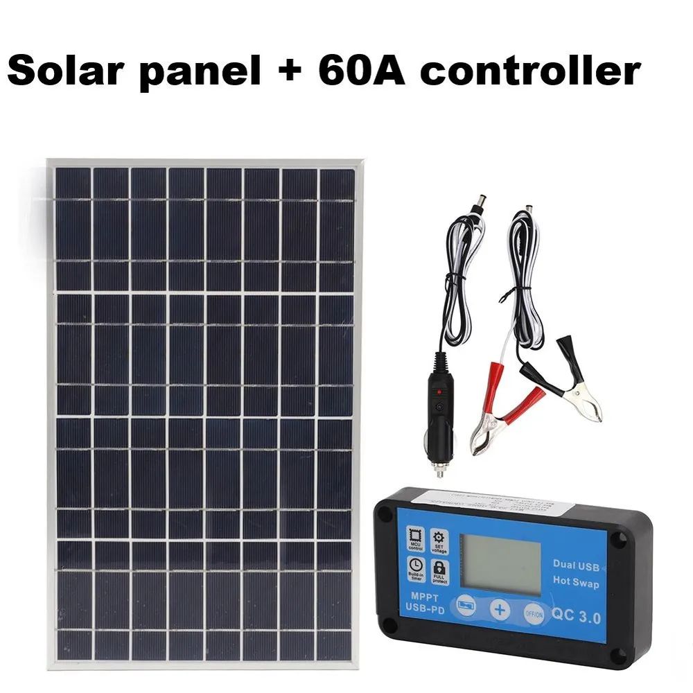 Солнечная панель 12V24V с водонепроницаемым контроллером 60A и зажимом для аккумулятора