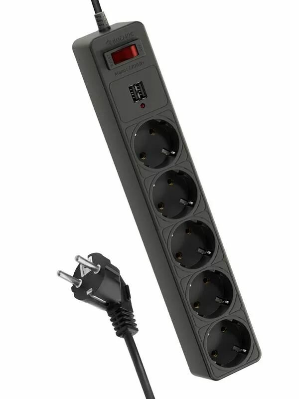 Удлинитель с сетевым фильтром 5х3м с заземл. 10А IP20 2.2кВт 2хUSB 3х0.75 с предохранителем космос FKsm3m-5g(B)USB