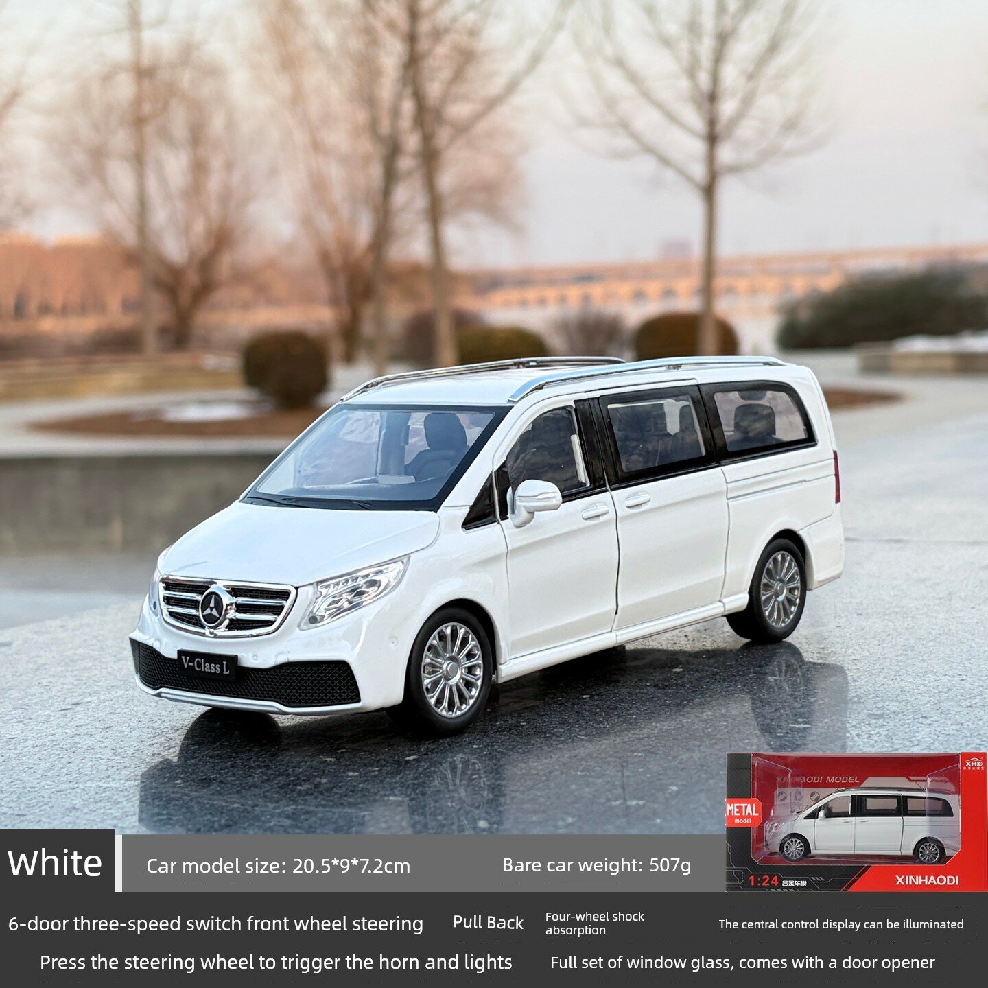Модель Mercedes V-Class 1:24 масштаба из сплава в белом цвете с функциональными дверьми и звуковыми эффектами