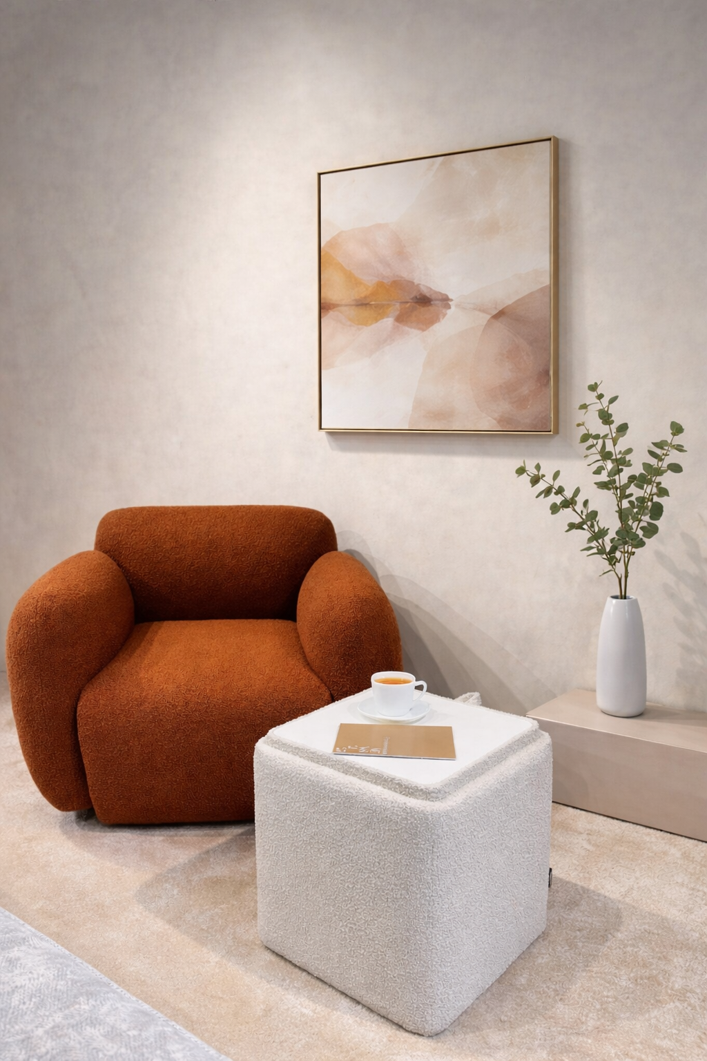 Дизайнерский пуф-столик букле, мягкий интерьерный пуф с жёсткой столешницей для гостиной и спальни