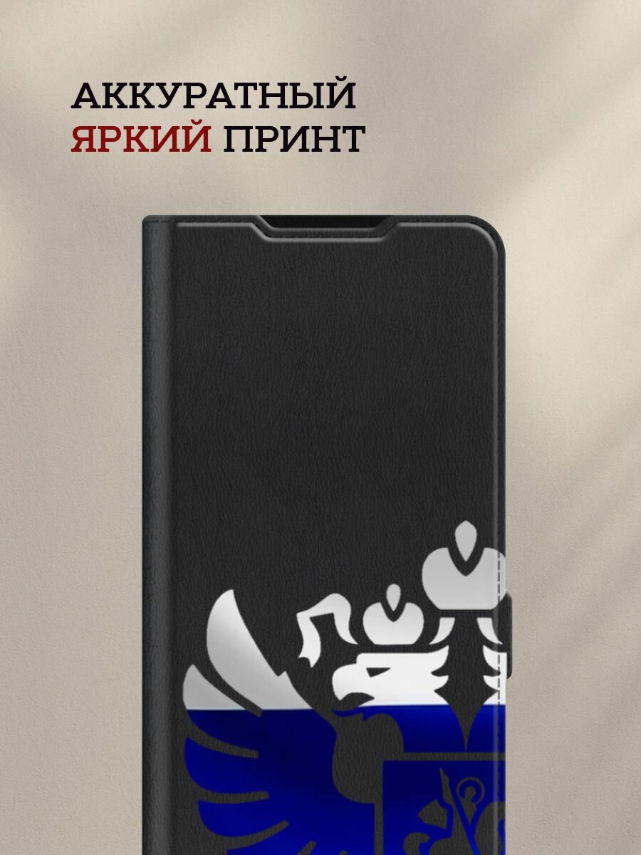 Чехол-книжка на Realme Note 60/Note 60X / Реалми Нот 60/Нот 60Х с принтом Герб России триколор 2, черный — фото 1