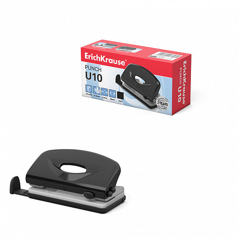Дырокол Erich Krause U10 Classic до 10 листов, чёрный с линейкой.