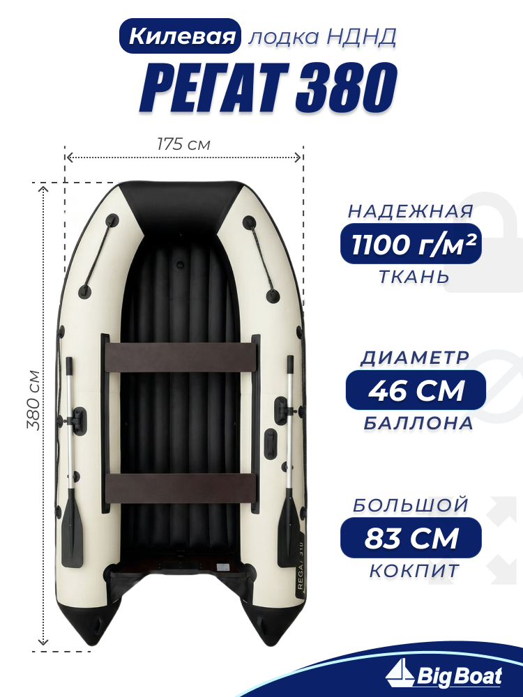 Надувная, под мотор, килевая лодка из ПВХ для рыбалки Regat (Регат) 380 НДНД