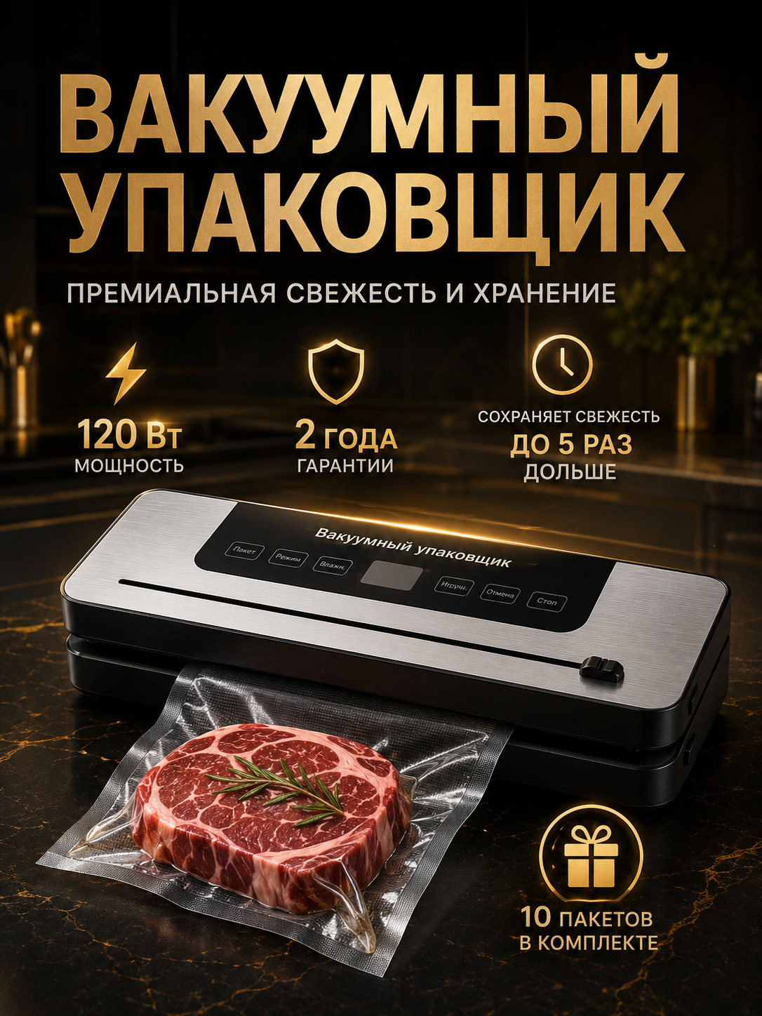 Вакууматор для продуктов с запайкой и пакетами, с дисплеем, портативный