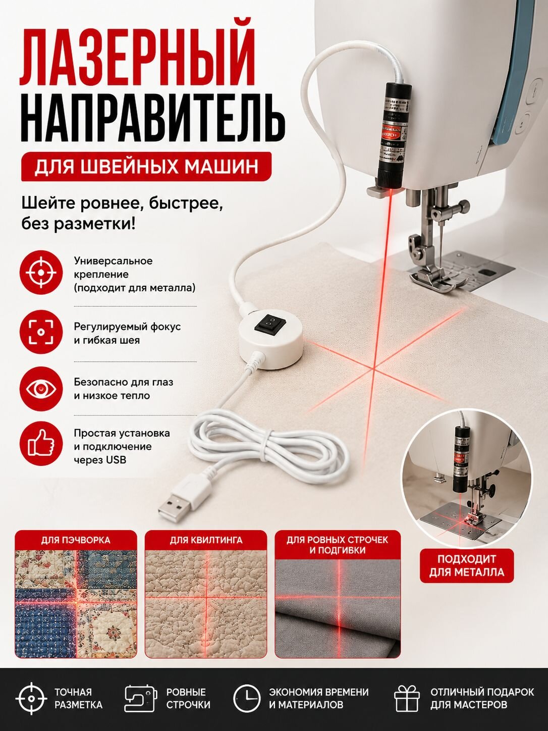 Магнитный позиционирующий свет для квилтинга, 360 регулируемый для швейной машины (модель с красным перекрестием, USB)