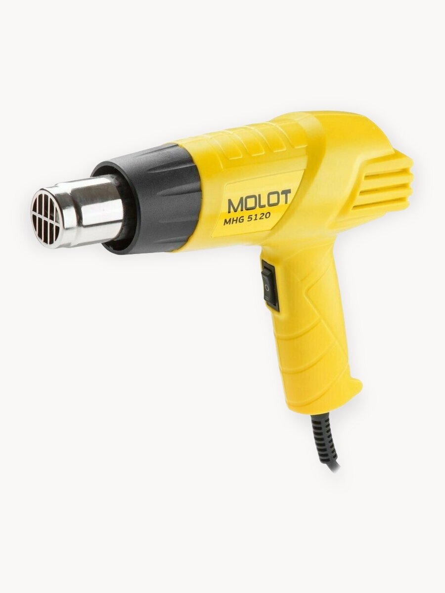 Фен строительный MOLOT MHG 5120 с регулировкой температуры, 2000 Вт, защита от перегрева, желтый