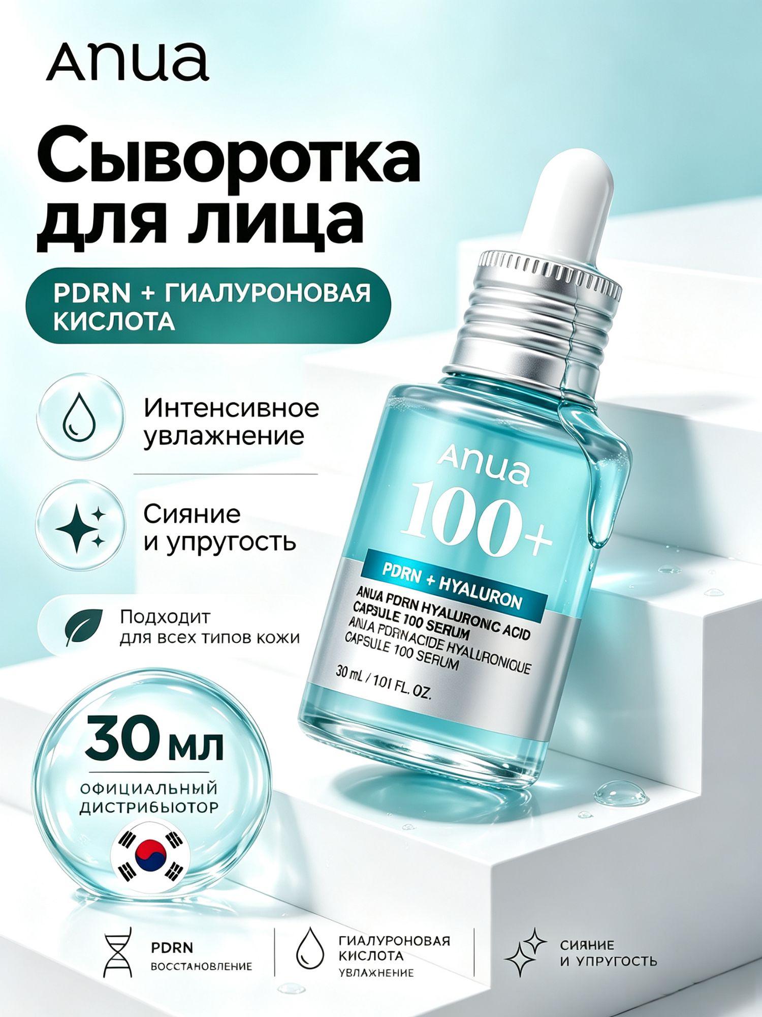 Оригинальная сыворотка Anua PDRN Hyaluronic Acid 100+, обогащена PDRN и гиалуроновой кислотой, сияние кожи лица, 30 мл