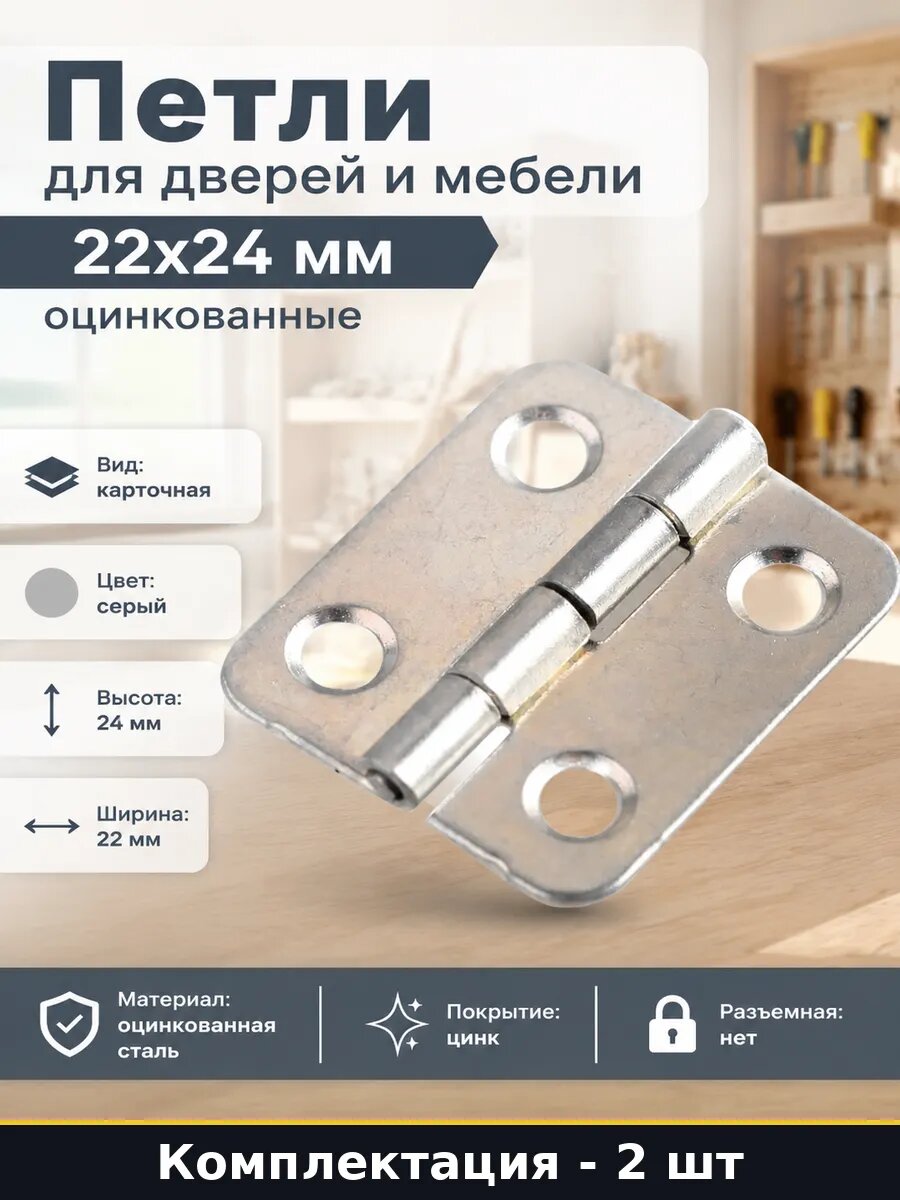 Петли для дверей и мебели 22x24 мм оцинкованные 2 штуки