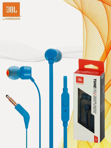 Изображение товара Наушники внутриканальные JBL T110 с микрофоном, 3.5 мм, синий (JBLT110BLU)