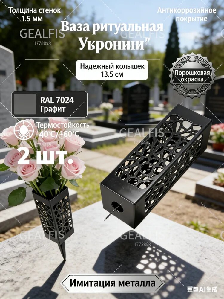 GEALFIS Уличная пластиковая ваза, 2 шт. в наборе, для цветов на могиле, ножка-колышек, цвет темно-серый шагрень, практично