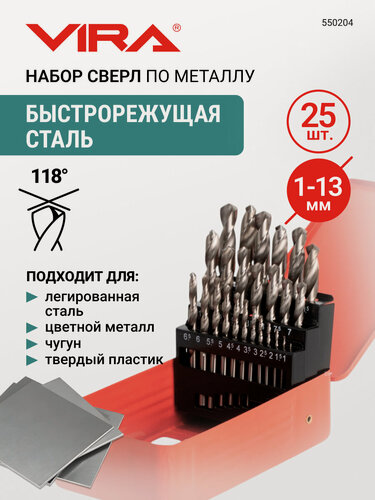 Изображение товара Набор сверл по металлу 1-13 мм HSS 25 шт в кейсе VIRA