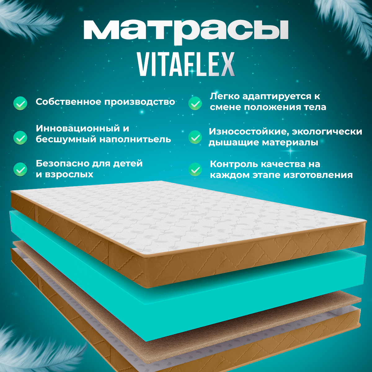 Матрас беспружинный 180х200 см Vitaflex Anatomic Бежевый 15V Sk ортопедический, ППУ, с кокосом, в рулоне — фото 1