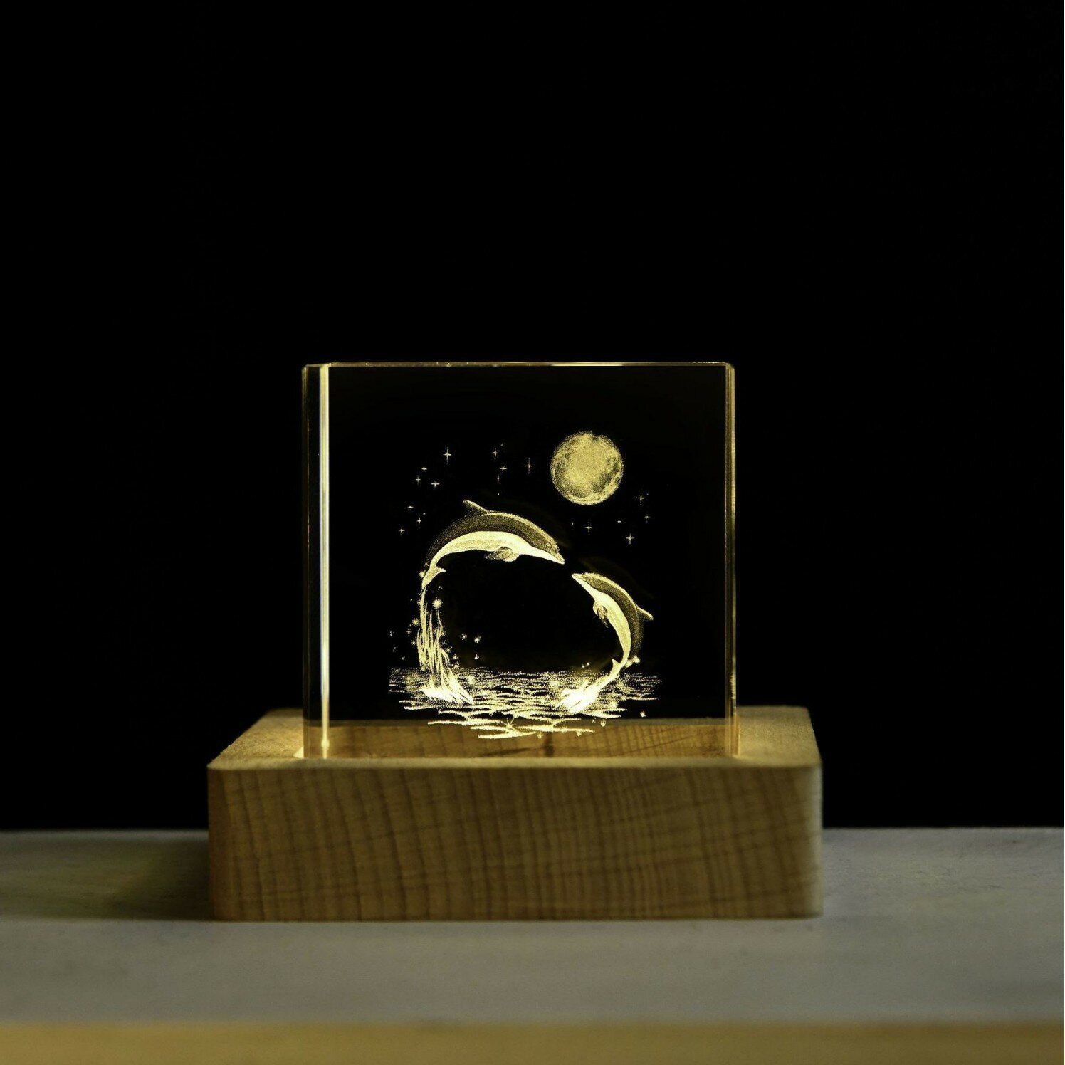 3D Резная Кристальная Кубическая Ночник, Дельфин Луна Свечение Декор Дом, 5см С Разноцветным USB База