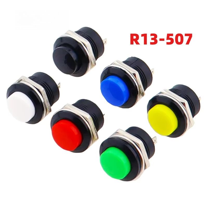 5 шт. R13-507, красный, 16 мм, мгновенный, самосброс, кнопочный переключатель, нормально открытый, круглый, 6 А / 125 В AC, 3 А / 250 В AC