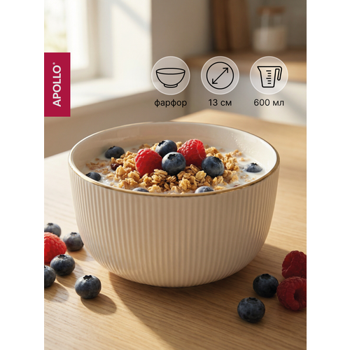 фото Тарелка глубокая суповая из фарфора, салатник для сервировки, фарфоровая посуда 600 мл apollo "ribb" белый